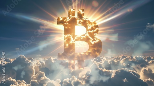 The image shows a bright shining Bitcoin logo in the sky.