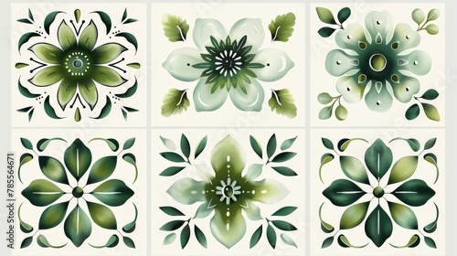Green and white flowers on white background