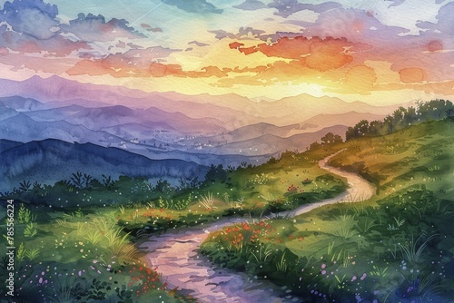 Business path as a winding road on a lush hillside, sunrise in the background symbolizing new opportunities, watercolor painting.