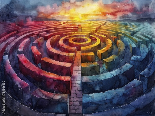 A captivating watercolor artwork depicts a circular maze, highlighting business challenges and goals, in soft pastel hues with a prize at its center.