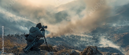 Photographer recording combat in war zones. on the mountain.