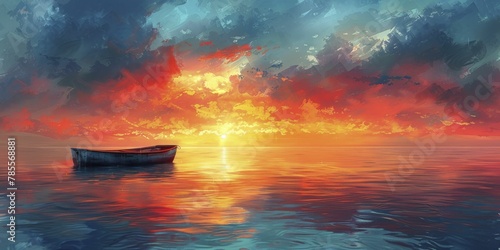 The tranquil office desk drifts peacefully on the serene ocean, embodying the essence of remote work amidst a breathtaking sunrise in a watercolor masterpiece.