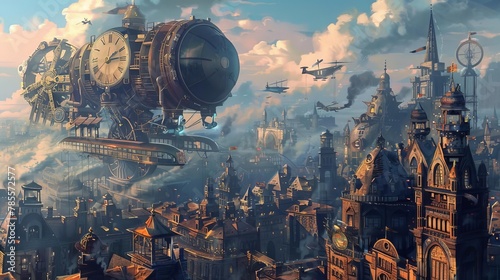 steampunk city with a giant clockwork mechanism and airships digital painting illustration