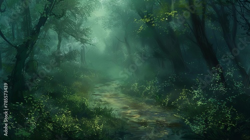 mysterious dark green path in enchanted fantasy forest with muddy trail and foggy atmosphere magical fairy tale setting illustration