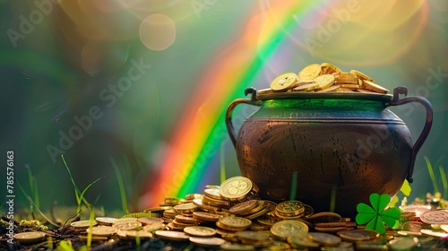 saint patricks day leprechauns pot of gold coins with rainbow irish holiday backdrop