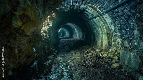 Abandoned underground tunnel of an old sewer system, characterized by an eerie atmosphere and dark, damp conditions