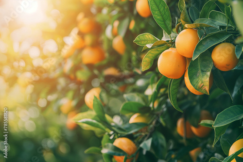 Vibrant citrus fruit hanging on lush green trees, sunlit with natural shadows, fresh and natural look