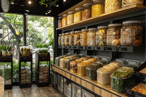 A zero waste grocery store with bulk bins and refill stations for customers to bring their own containers, reducing packaging waste and promoting a circular approach to shopping and consumption