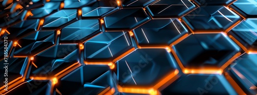 A closeup of an abstract, dark blue and orange hexagon pattern with glowing edges, creating the illusion that it is made from metal or glass, set against a black background The focus is on the intrica