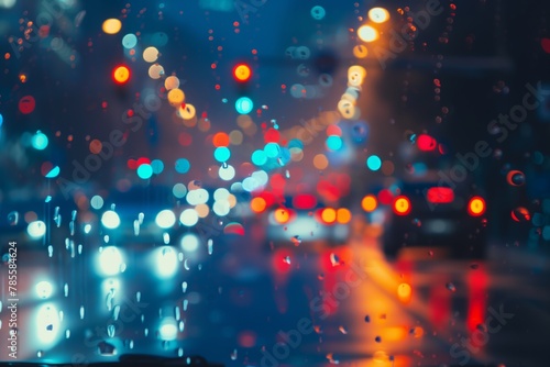Rainy city night, colorful reflections.