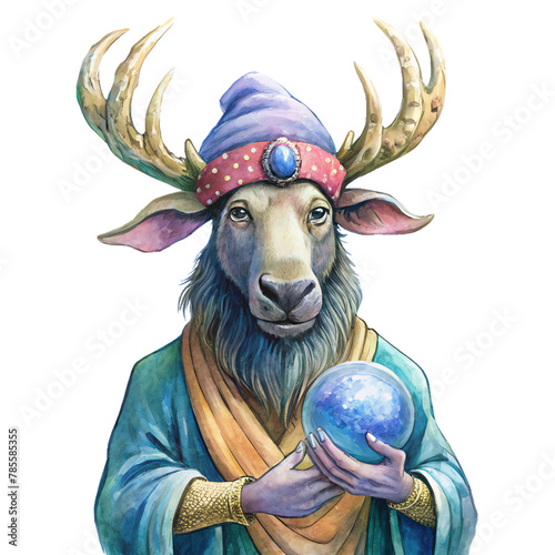 A cartoon illustration of a wizard. He is an ungulate with antlers wearing a blue robe and a purple hat. He is holding an orb that has a galaxy inside it.