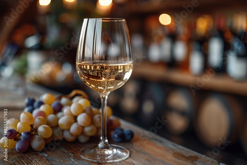 A crystal-clear glass of sparkling white wine beside ripe grapes on a wooden bar top in a classy winery setting