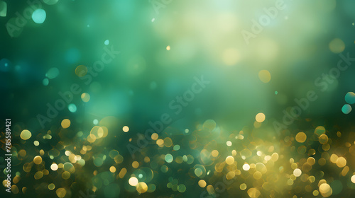 Abstract blur bokeh banner background, gold bokeh on defocused emerald green background 
