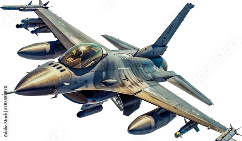 Military F-16 fighter jet with missiles isolated cut out png on transparent background