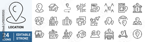 location web icons Set. Map with a Pin, Route map, Navigator, Direction and more. Editable Stroke