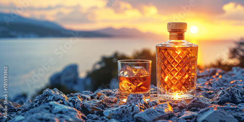 Whiskey Bottle by Lakeside at Sunset.