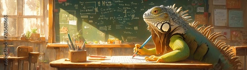 A delightful iguana teacher with a pencil behind its ear, writing mathematical equations on the blackboard in a classroom with a light sienna color scheme , high resolution DSLR