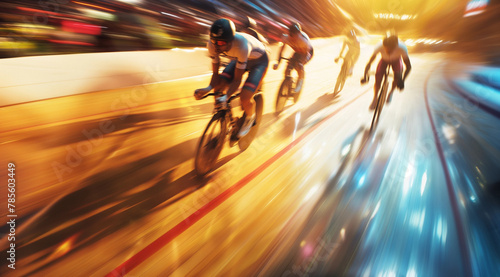 Dynamic Cyclists Racing on Velodrome Track, Speed and Motion Blur