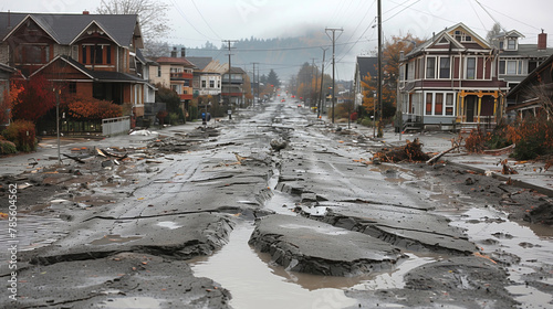 Street after natural disasters. Broken street. Damn in the asphalt. Destroyed city and private houses. The depressive state of the city. Settlement with destroyed houses.