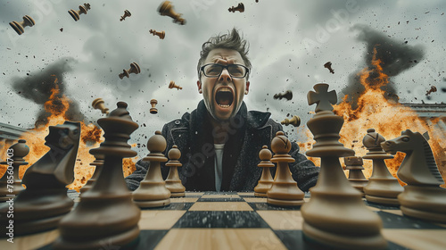 The man sits in front of the chessboard. The man has stress. The man in a panic from what he loses. The concept of irritation, fear to lose.