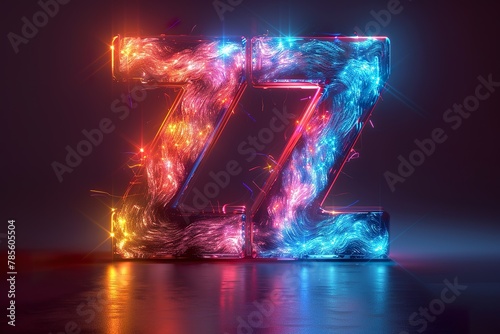Letter Z - colorful glowing outline alphabet symbol on blue lens isolated white background