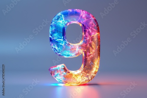 Number 9 - colorful glowing outline alphabet symbol on blue lens isolated white background