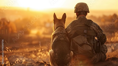 A soldier and his military working dog share a moment against a blurred background.