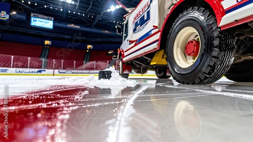 This photo captures the meticulous preparation before a hockey match, as a tractor carefully spreads a blanket of ice, ensuring optimal conditions for the players' skillful maneuvers.