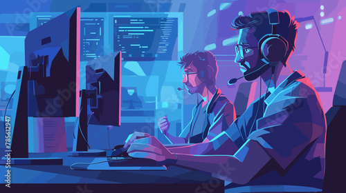 Customer Support Operators Providing 24/7 Online Technical Assistance with Headsets and Computers Vector Illustration