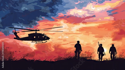Silhouette of soldiers and a helicopter against a vibrant sunset. Feel the spirit of protection, patriotism, and honor as you witness this inspiring scene of our armed forces in action.