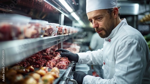 Focused male butcher in a chef's uniform measures the temperature of pork cuts in a refrigerated section, showcasing food safety and professionalism.