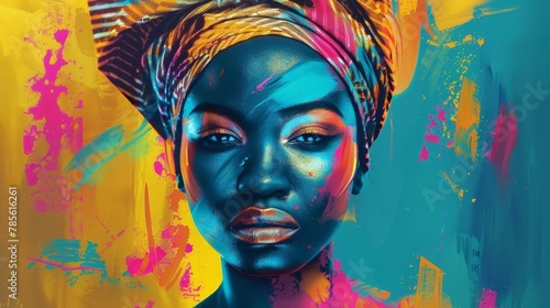 vibrant abstract portrait of a black woman with modern turban african culture digital painting