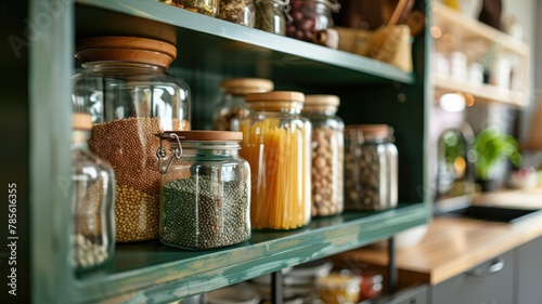 Elegant modern pantry glass jar collection - Stylish setup of diverse food items stored in clear glass jars on open wooden shelves in a contemporary kitchen