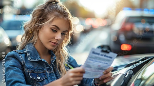 A young blonde woman reads a traffic fine by her car in a busy urban area, with blurred police lights and traffic in the background.