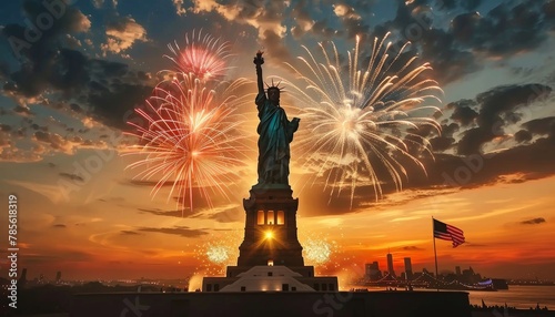 A statue of liberty is lit up with fireworks in the background