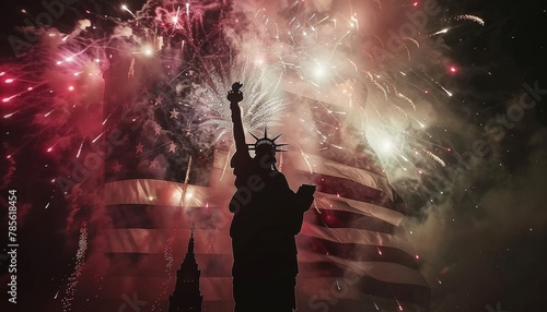 A statue of liberty is silhouetted against a backdrop of fireworks