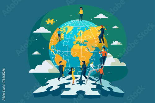 Diverse Business Team Assembling Puzzle Path Leading to Globe, Building Way to International Success, Global Expansion and Growth Concept, Collaboration and Strategic Planning, Flat Vector Illustratio
