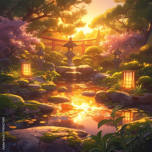 A dreamy scene of a Japanese teahouse surrounded by cherry blossoms and glowing lanterns at sunrise.
