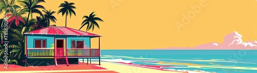 A colorful Caribbean beach shack through minimalist line art, where the vibrancy of the culture and the calm of the sea are captured in the simplicity of outlines