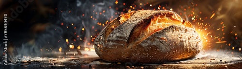 A freshly baked, crusty loaf of sourdough bread, cinematic, food professional photography, studio lighting, modern restaurant background, Michelin star, splash fire, advertising photography, intricate
