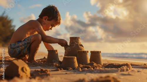 Boy building sand castle on sunny beach day. Joyful children create sandcastles by ocean. Boy playing on beach.