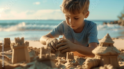 Boy building sand castle on sunny beach day. Joyful children create sandcastles by ocean. Boy playing on beach.