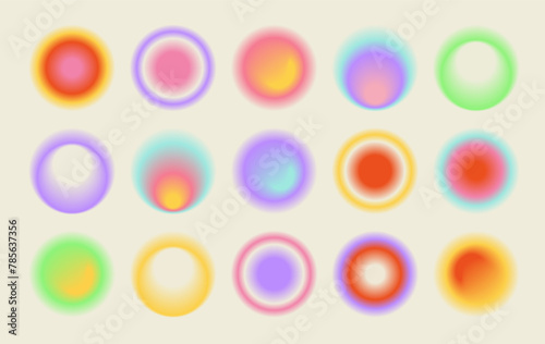 Y2k aesthetic blurred gradient aura hearts. Trendy set of modern blurry figures in brutalism style. Romantic transparent heart elements for social media background, posters, ads