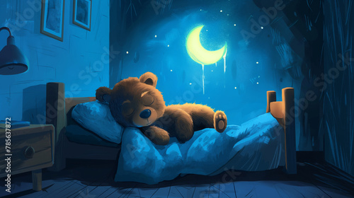 A cute bear sleeps in bed, children's book illustration. Restful sleep. Baby Teddy sleeps. Good night!