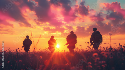 Silhouettes of brave veterans on sunrise or sunset sky background, representing honor and sacrifice. Suitable for Memorial Day and Veterans Day concept.