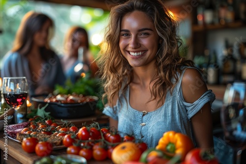 Attractive woman with curly hair and a brilliant smile enjoying a dinner party with friends and fresh food