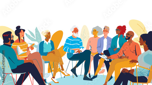 Diverse Multigenerational Group Engaged in Lively Discussion Conference, People of Different Ages Sitting Around Round Table, Sharing Ideas and Opinions, Collaboration and Teamwork, Vector Illustratio