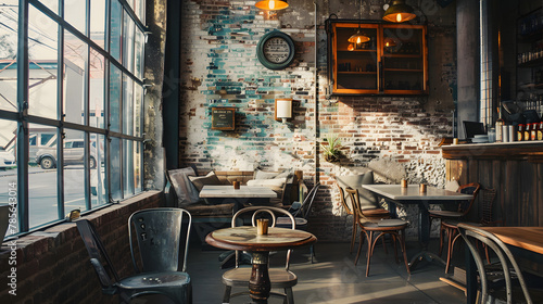 An industrial-chic coffee shop with exposed brick walls and reclaimed wood furniture.