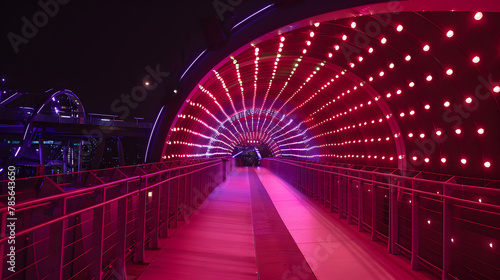 An innovative pedestrian bridge that uses kinetic energy from foot traffic to power LED lights creating a dynamic and interactive light show at night.