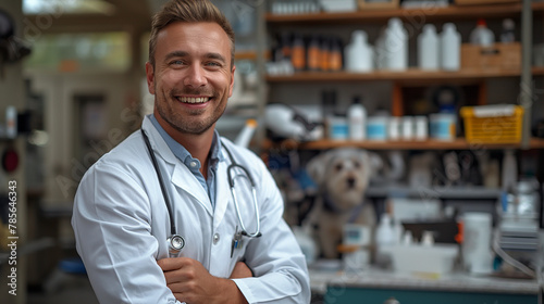 Pet Dental Care: A smiling veterinarian demonstrates proper dental hygiene for pets, holding a toothbrush and toothpaste specially formulated for animals. In the background, dental